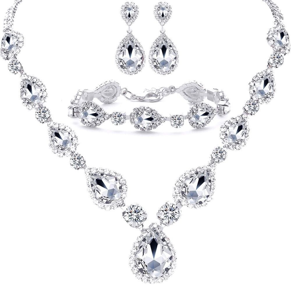 Miraculous Garden 4 Piece Teardrop Crystals Jewelry Set Rhinestones Silver‎ Tone